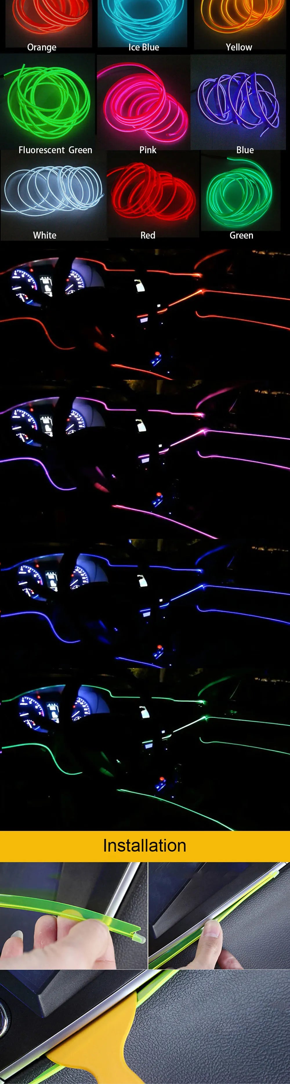 3M/5M Car Interior Atmosphere Led Strip Light Flexible Neon EL Wiring With USB Interface Auto Decorative Lamp Universal