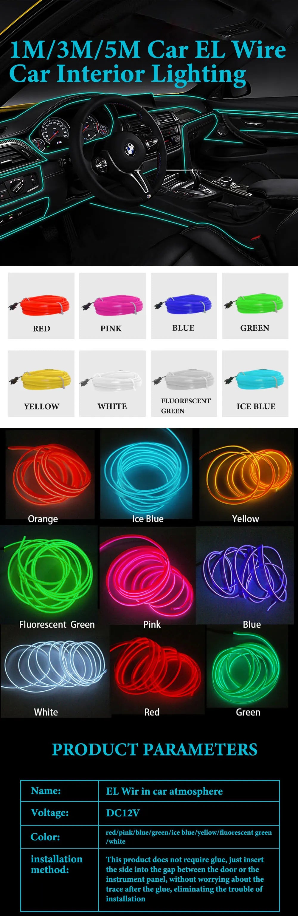 3M/5M Car Interior Atmosphere Led Strip Light Flexible Neon EL Wiring With USB Interface Auto Decorative Lamp Universal
